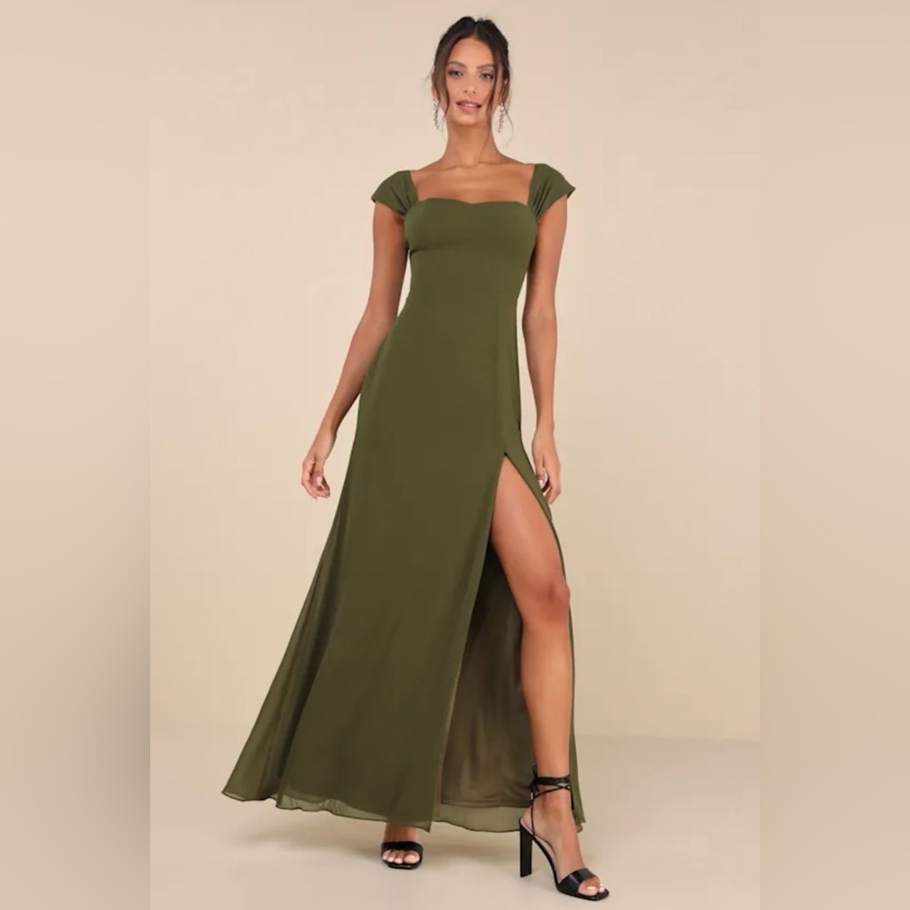 Lulus NWT “Magical Magnetism” Olive Green Off The Shoulder Maxi Dress, Size XS.